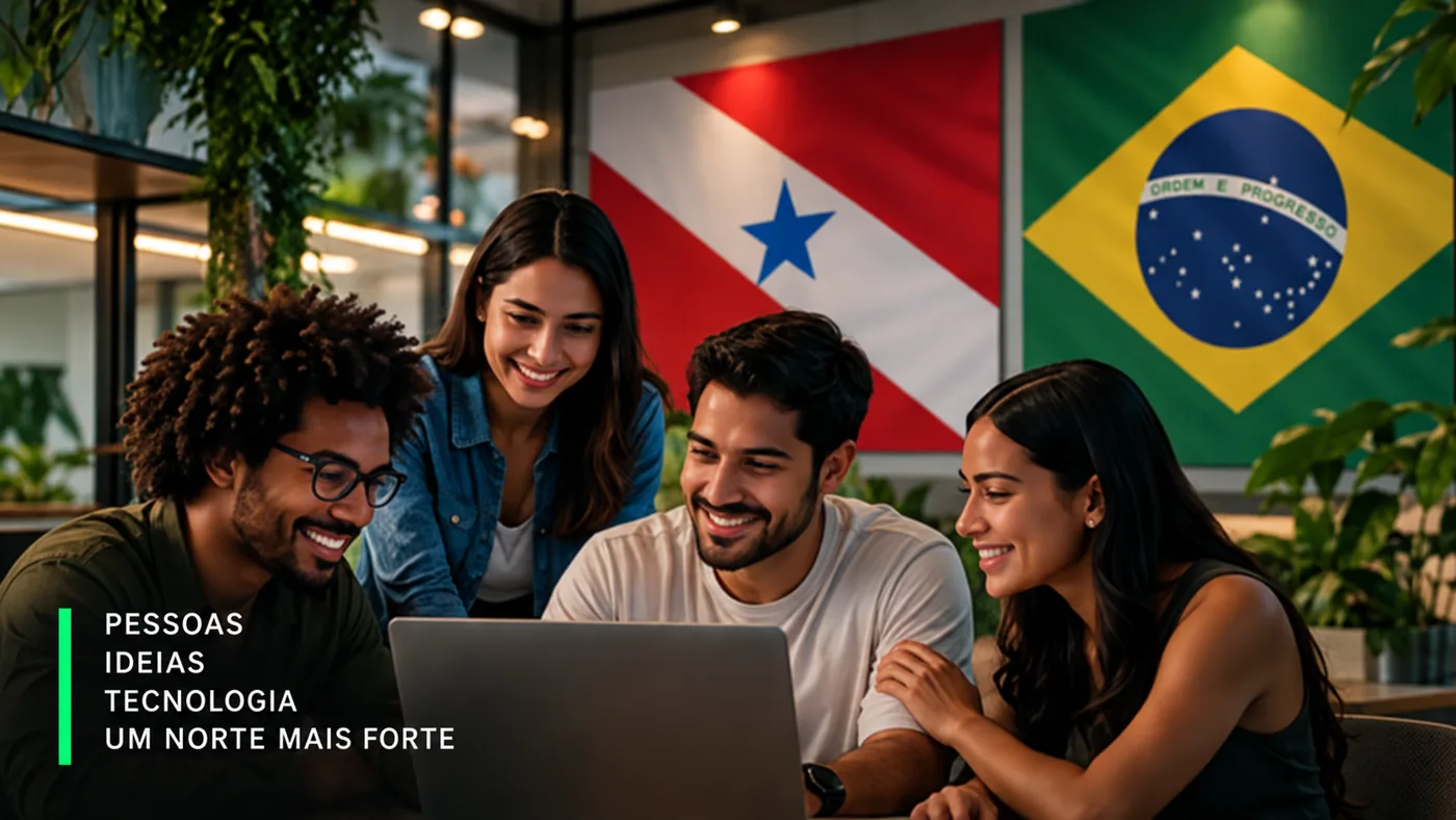 Jovens trabalhando juntos em frente às bandeiras do Pará e do Brasil
